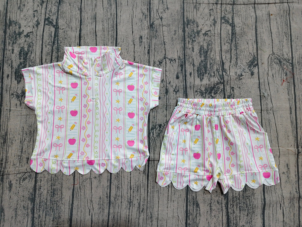 Apple pencil bow scallop girls back to school outfits