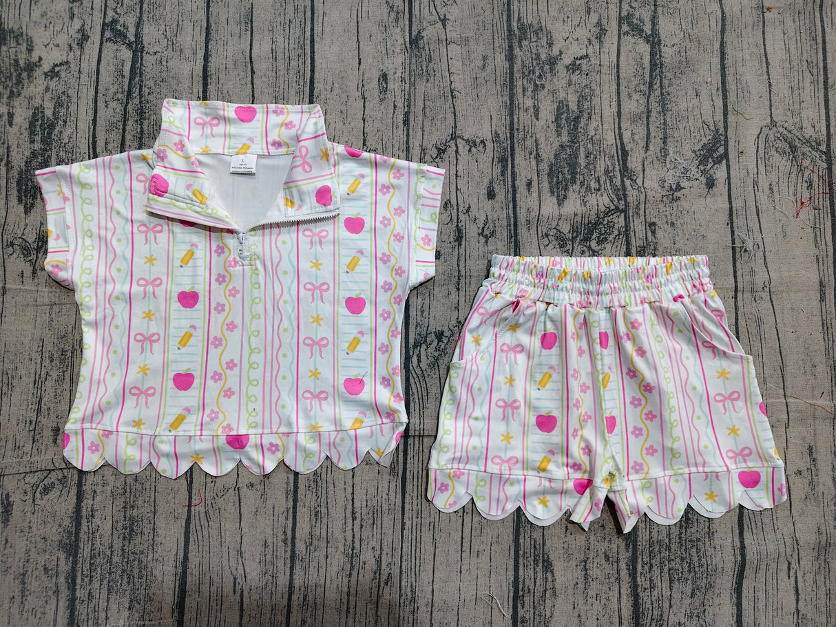 Apple pencil bow scallop girls back to school outfits