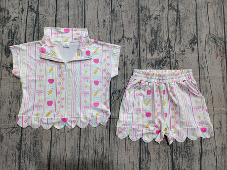 Apple pencil bow scallop girls back to school outfits