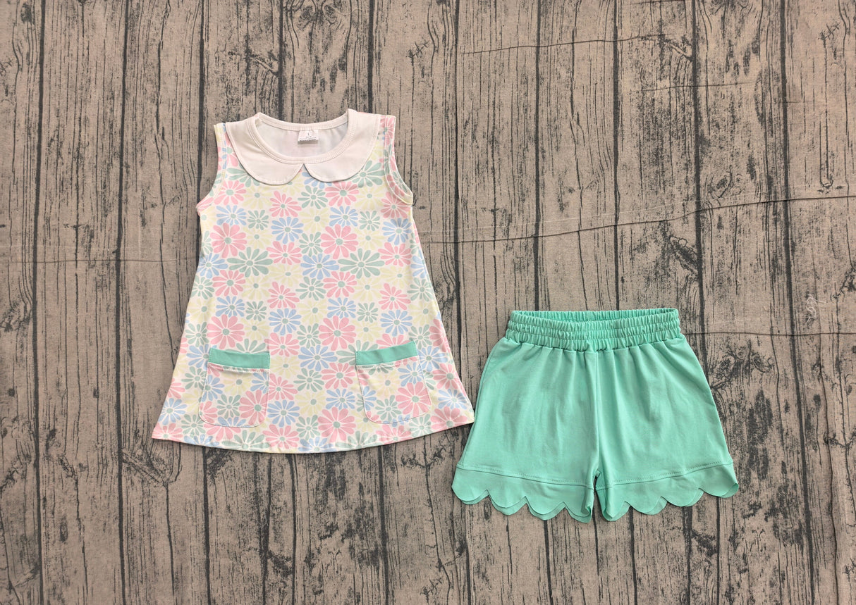 Sleeveless floral pockets top scallop shorts girls outfits