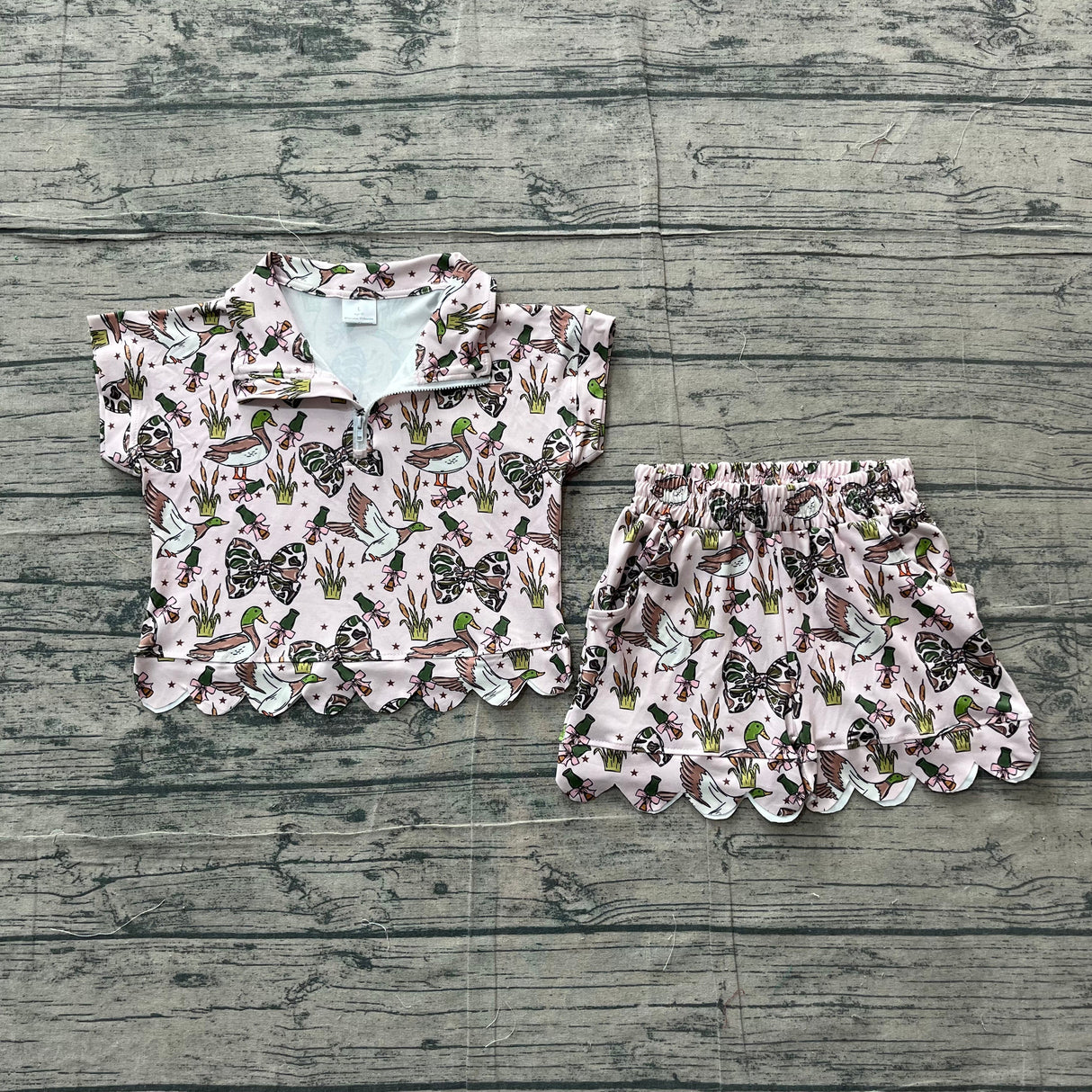 Short sleeves scallop duck camo bow girls summer clothes