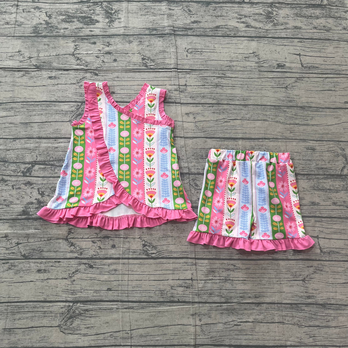 Sleeveless pink ruffle floral top shorts girls summer set