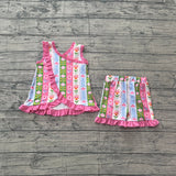 Sleeveless pink ruffle floral top shorts girls summer set