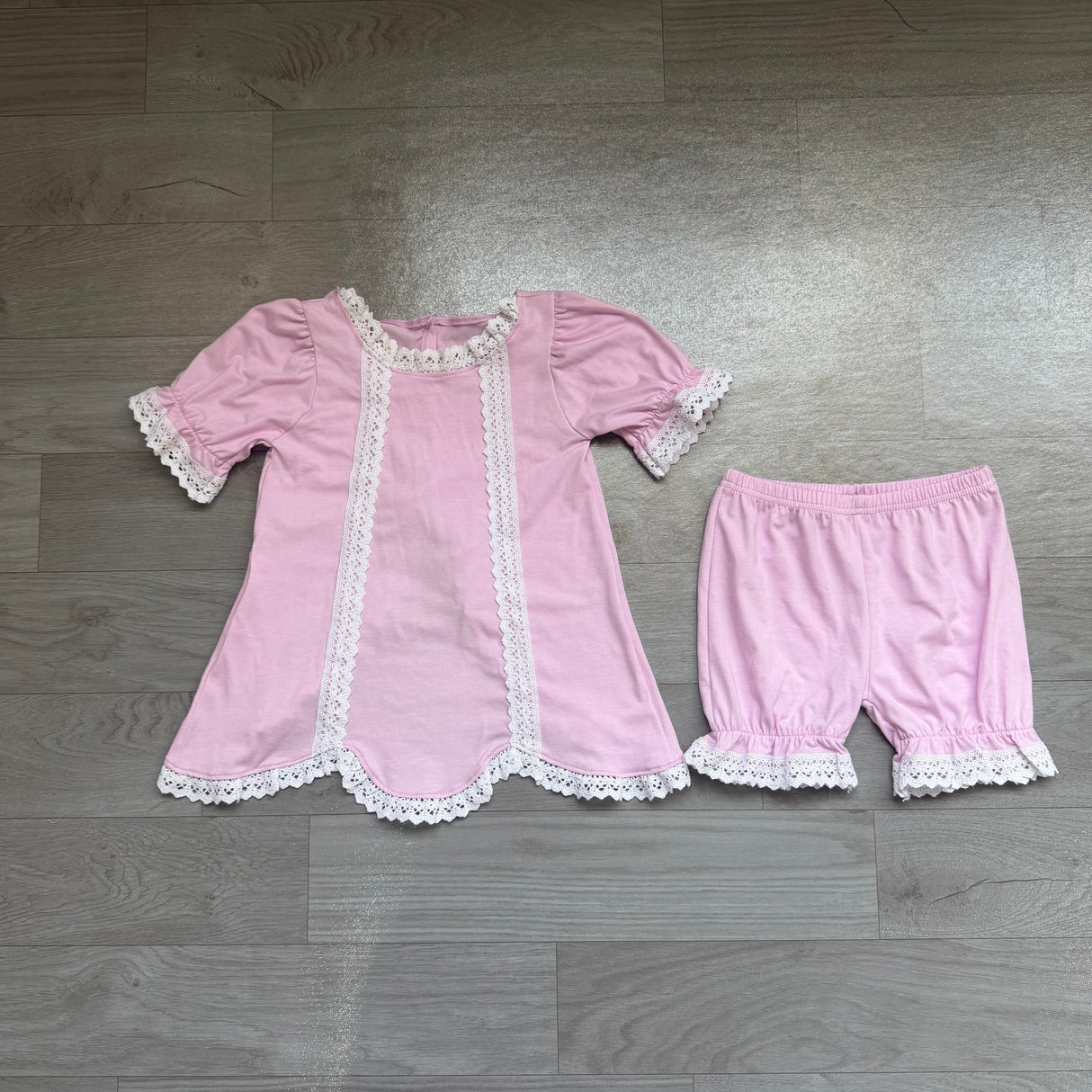 Short sleeves pink cotton lace top shorts girls summer outfits
