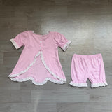Short sleeves pink cotton lace top shorts girls summer outfits