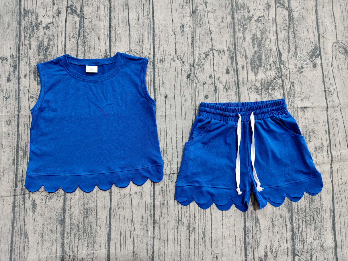 Sleeveless blue scallop top shorts kids girls team outfits