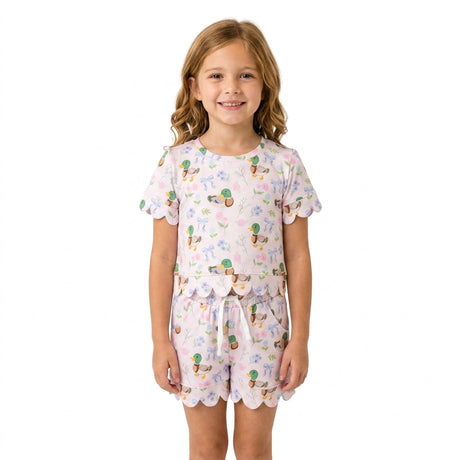 Short sleeves scallop duck floral bow girls summer clothes