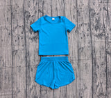 Short sleeves blue top shorts kids girls yoga active set