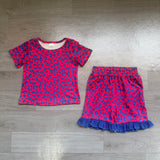 Short sleeves blue ruffle leopard top shorts girls outfits