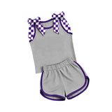 Sleeveless purple plaid bow grey top shorts team girls outfits