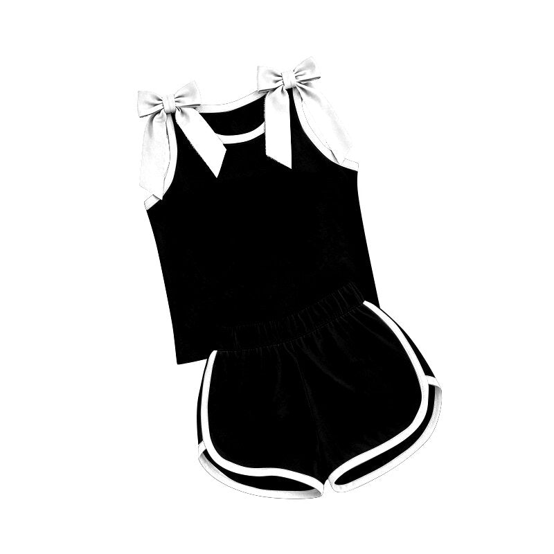 Sleeveless white bow black top shorts girls outfits