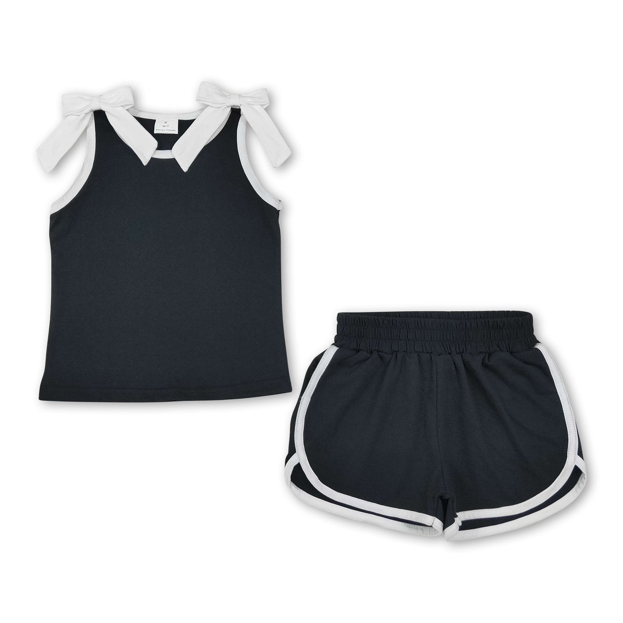 Sleeveless white bow black top shorts girls outfits