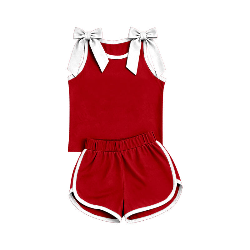 Sleeveless white bow red top shorts girls team outfits