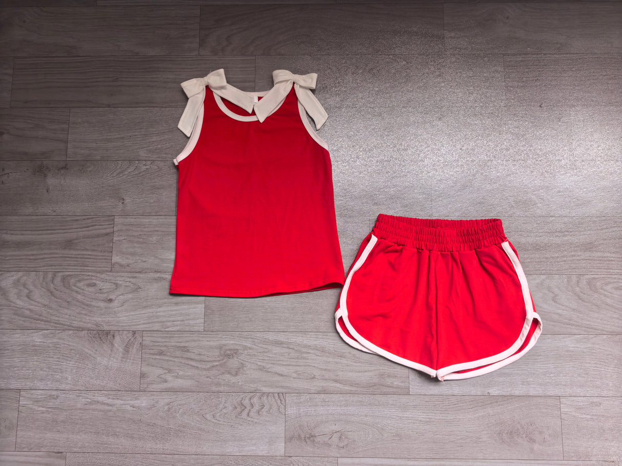 Sleeveless white bow red top shorts girls team outfits