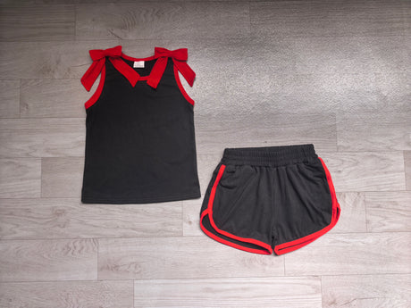 Sleeveless red bow black top shorts girls team outfits
