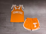 Sleeveless white bow orange top shorts T team girls outfits