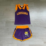 Sleeveless yellow bow purple top shorts tiger team girls outfits