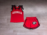 Sleeveless black bow red top shorts G team girls outfits