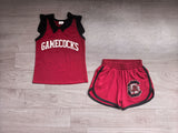 Sleeveless black bow maroon top shorts team girls outfits