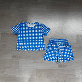Short sleeves blue plaid scallop top shorts girls team outfits