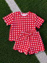 Short sleeves red plaid scallop top shorts girls team outfits