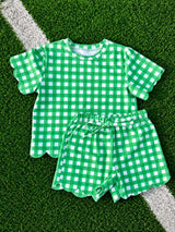 Short sleeves green plaid scallop top shorts girls team outfits