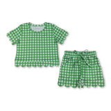 Short sleeves green plaid scallop top shorts girls team outfits