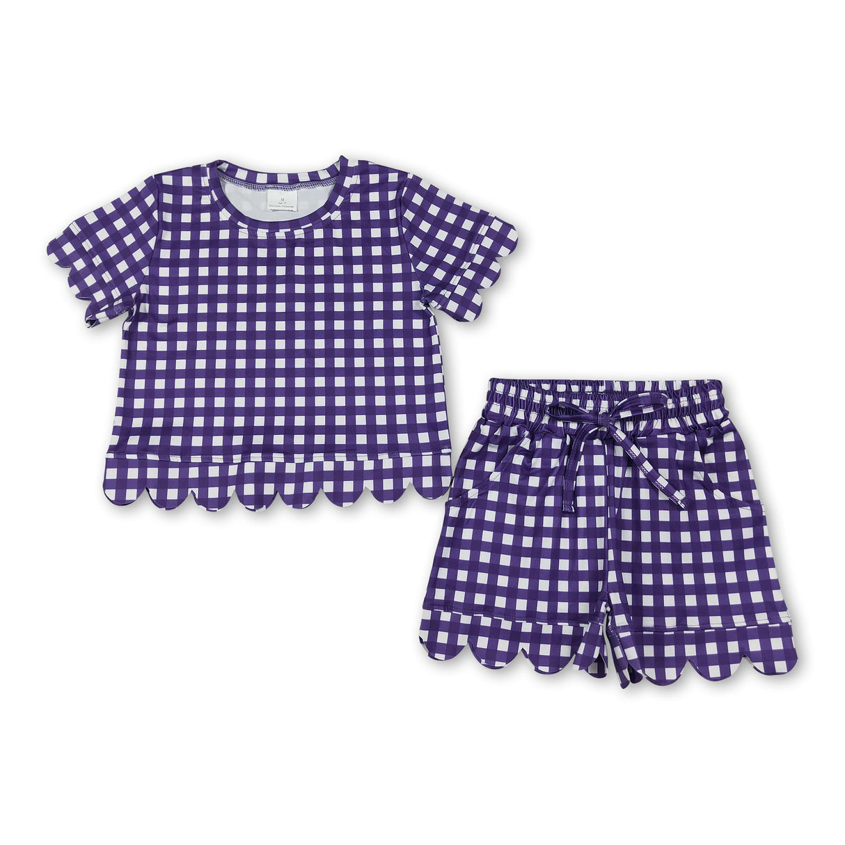 Short sleeves purple plaid scallop top shorts girls team outfits