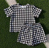 Short sleeves black plaid scallop top shorts girls team outfits