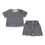 Short sleeves black plaid scallop top shorts girls team outfits