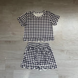Short sleeves black plaid scallop top shorts girls team outfits