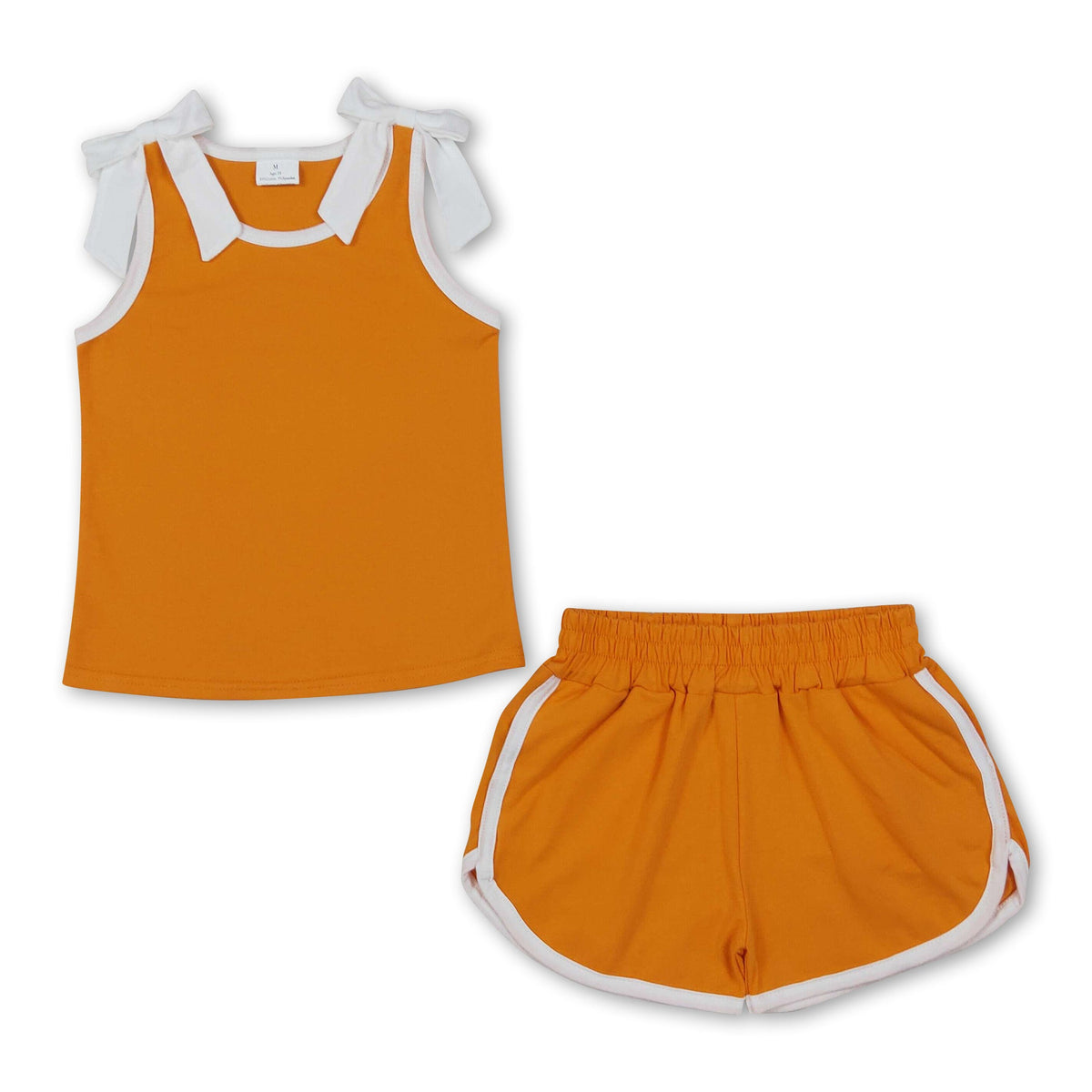 Sleeveless white bow orange top shorts girls team set