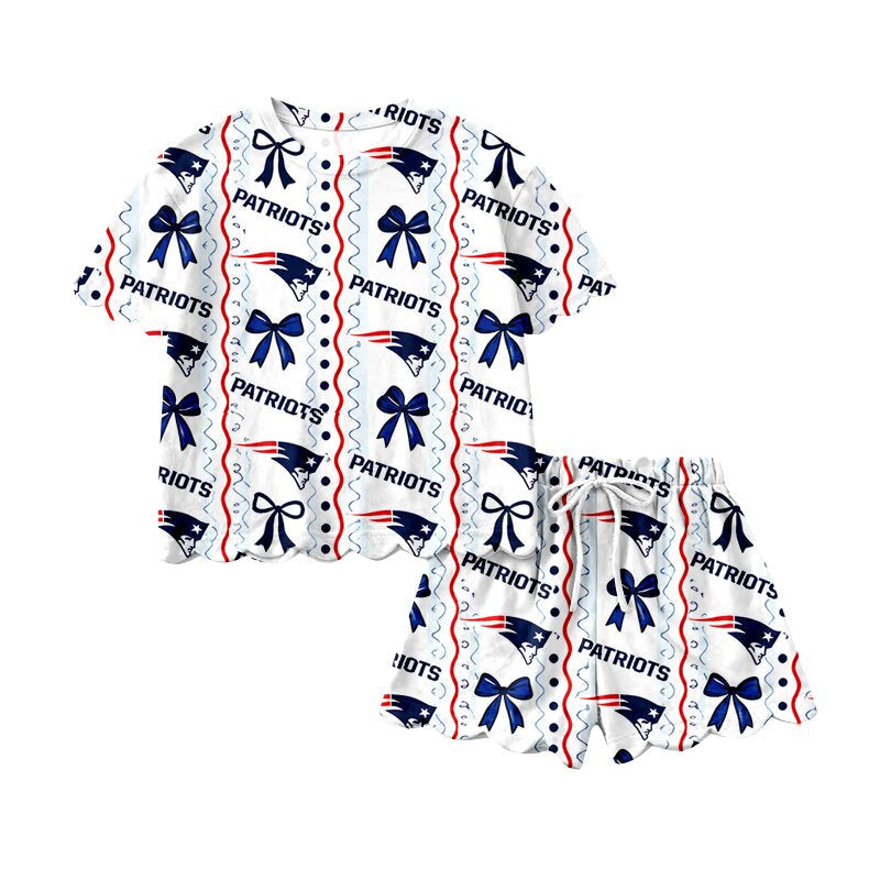 Short sleeves navy bow girls team scallop outfits