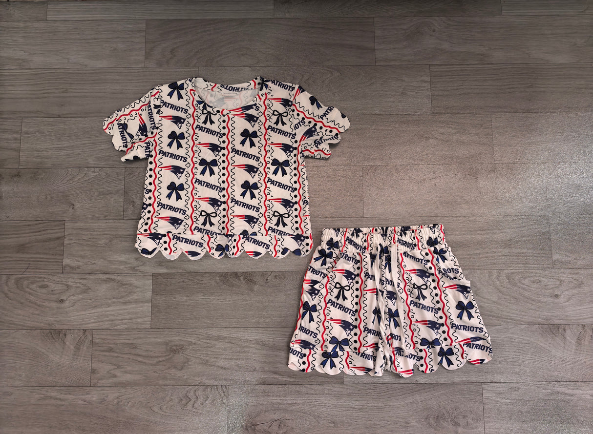 Short sleeves navy bow girls team scallop outfits
