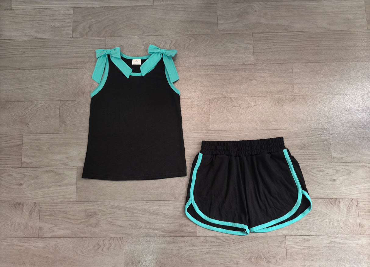 Sleeveless light blue bow black top shorts girls team set