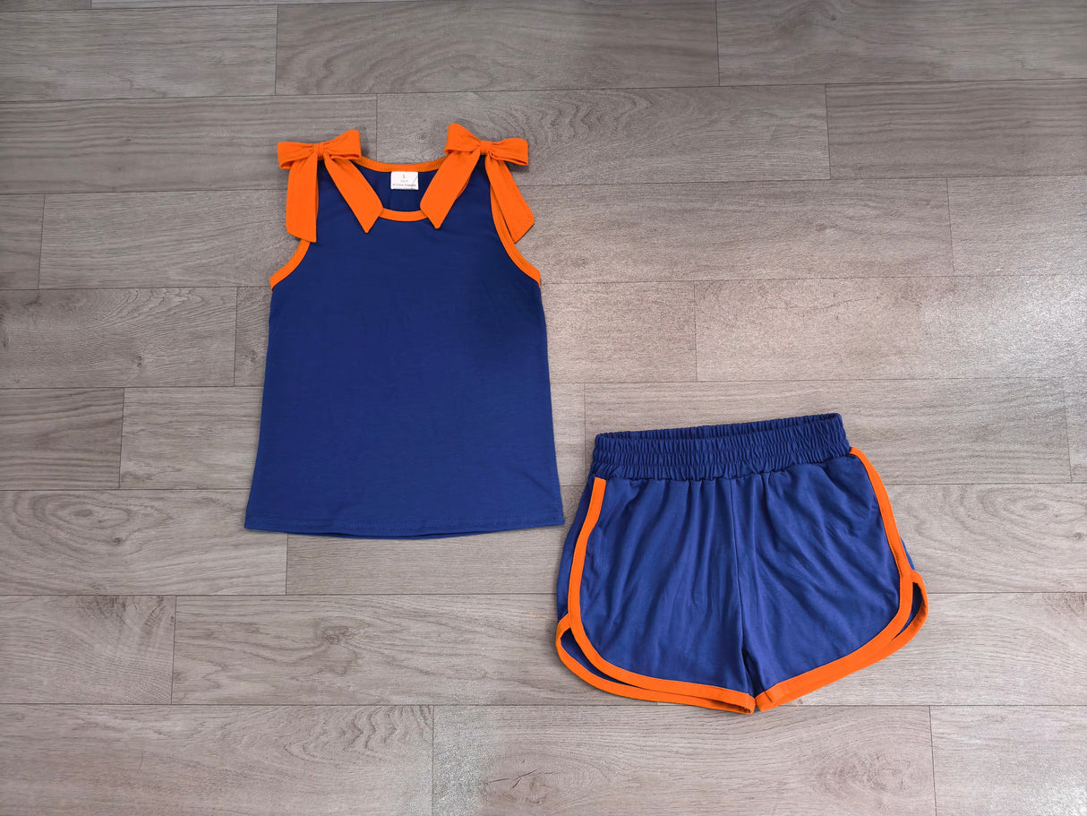 Sleeveless orange bow blue top shorts girls team set