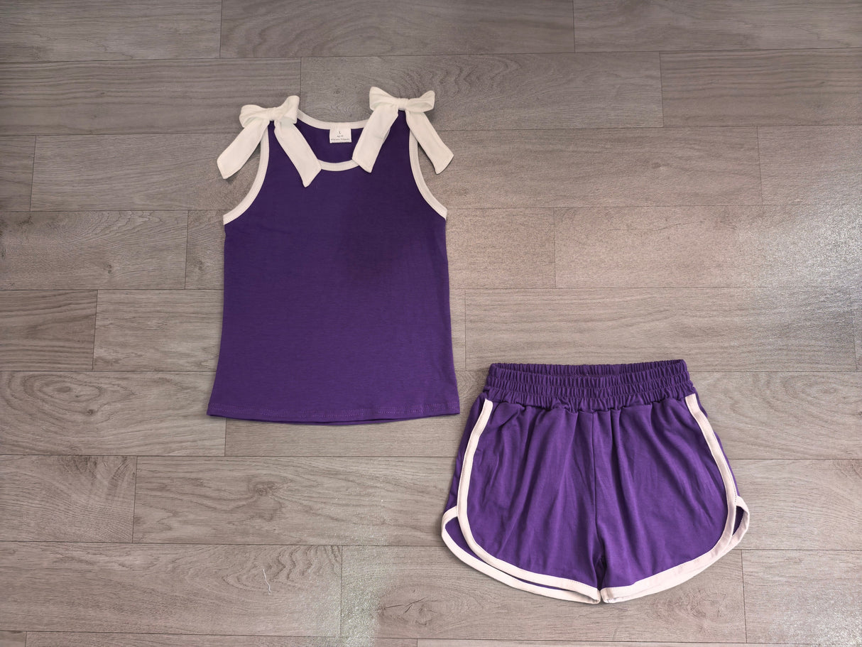Sleeveless white bow purple top shorts girls team set