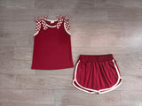 Sleeveless plaid bow maroon top shorts girls team set