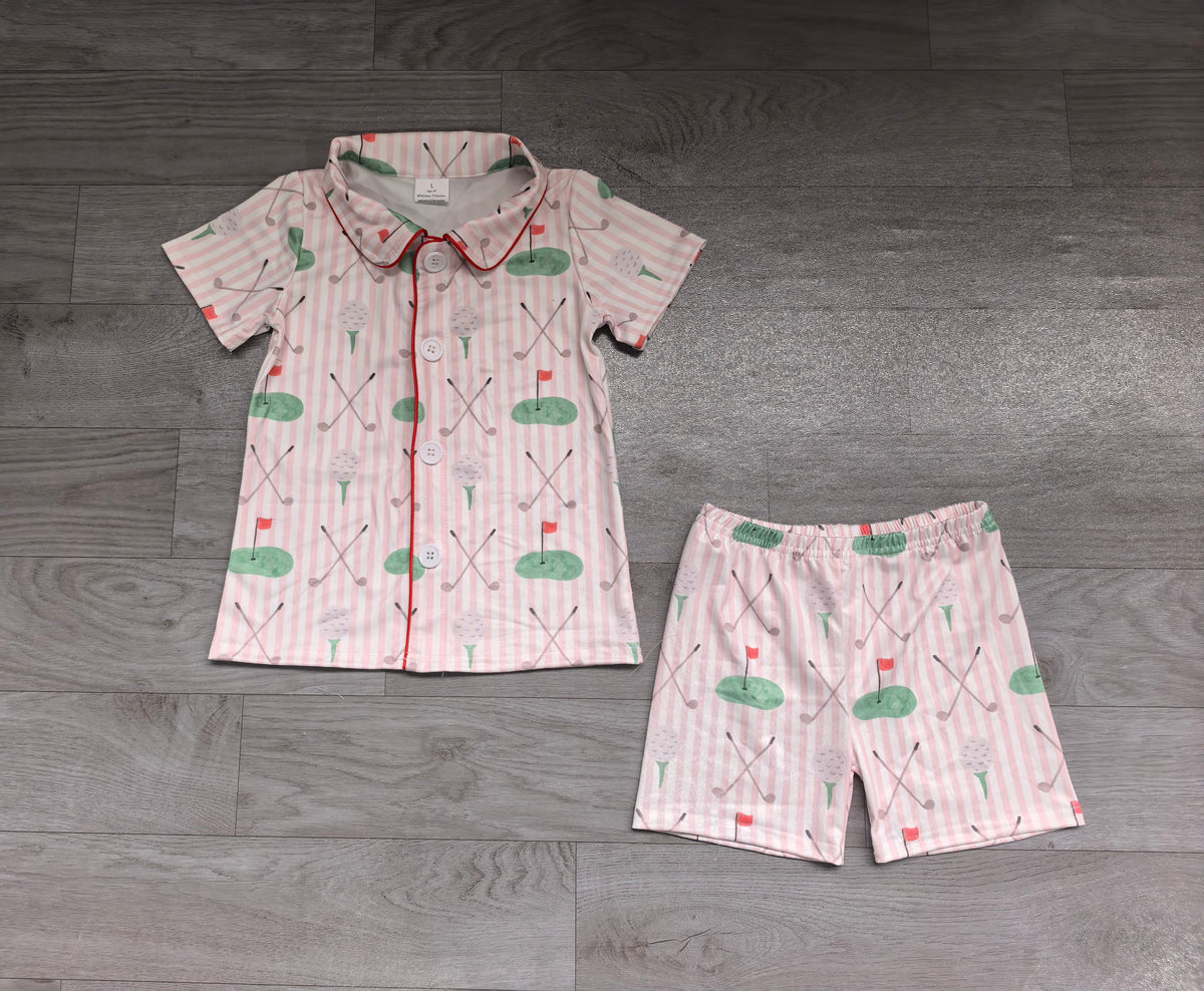 Short sleeves pink stripe golf button down girls pajamas set