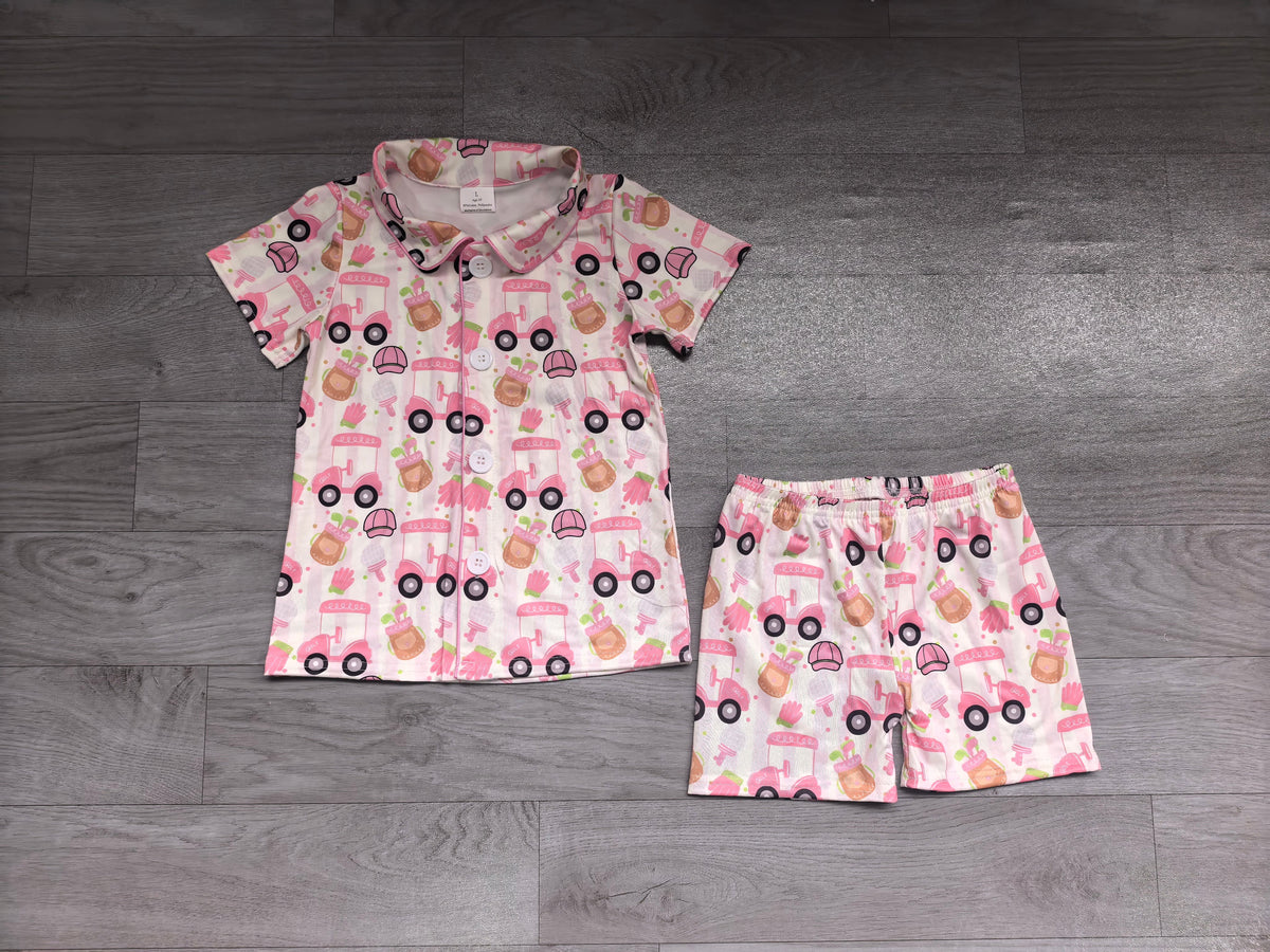 Short sleeves pink golf button down girls pajamas set