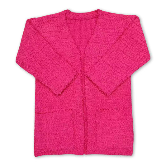 Hot pink pockets cardigan girls sweater