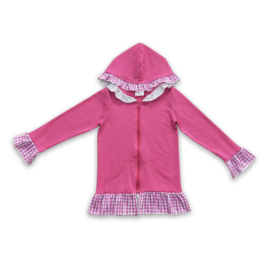 Hot pink cotton plaid zipper hooded girls jacket