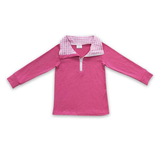 Hot pink cotton plaid kids girls zipper pullover