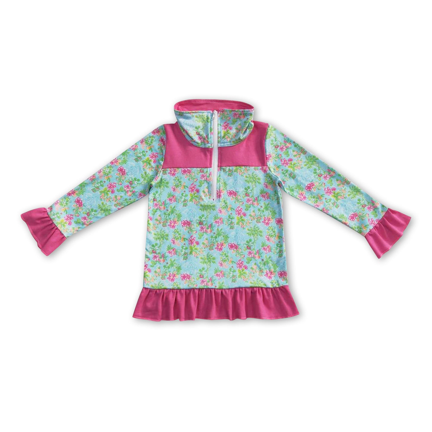 Hot pink ruffle floral kids girls zipper pullover