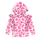 Pink cow print long sleeves ruffle girls hoodie