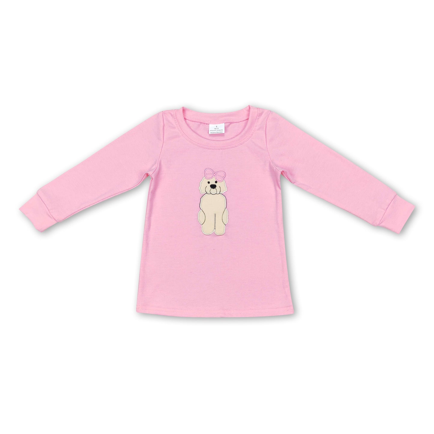 Pink dog bow long sleeves kids girls shirt