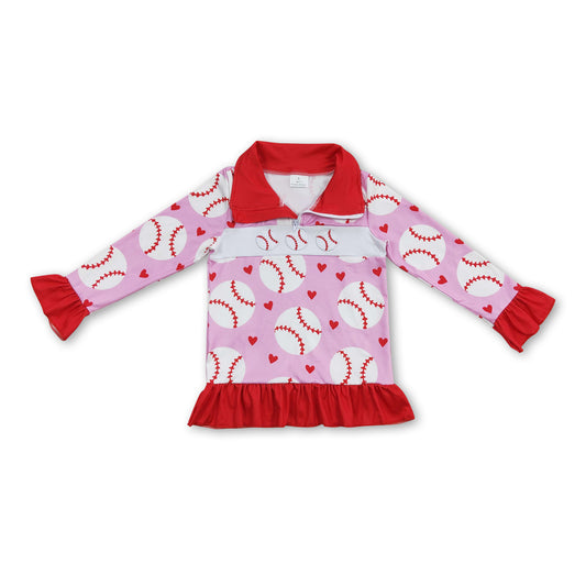 Pink baseballl heart long sleeves girls zipper pullover
