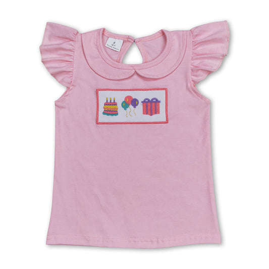 Pink flutter sleeves cake balloon gift kids girls birthday shirt