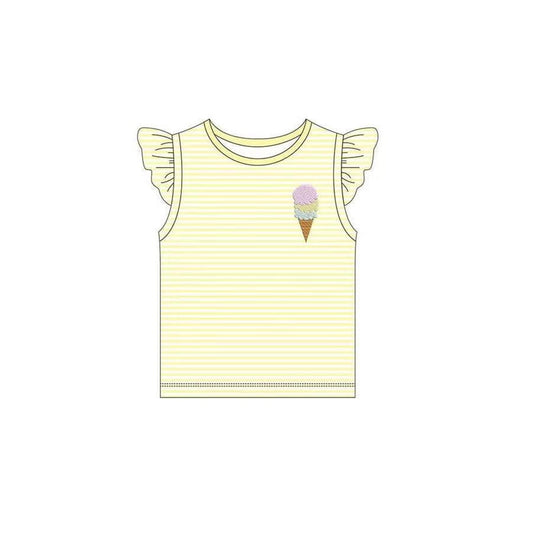 Yellow flutter sleeves stripe ice cream girls summer shirt