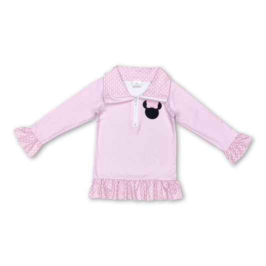 Long sleeves pink polka dots mouse girls pullover